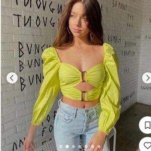Lovers + Friends Green Puff Sleeve Crop Top